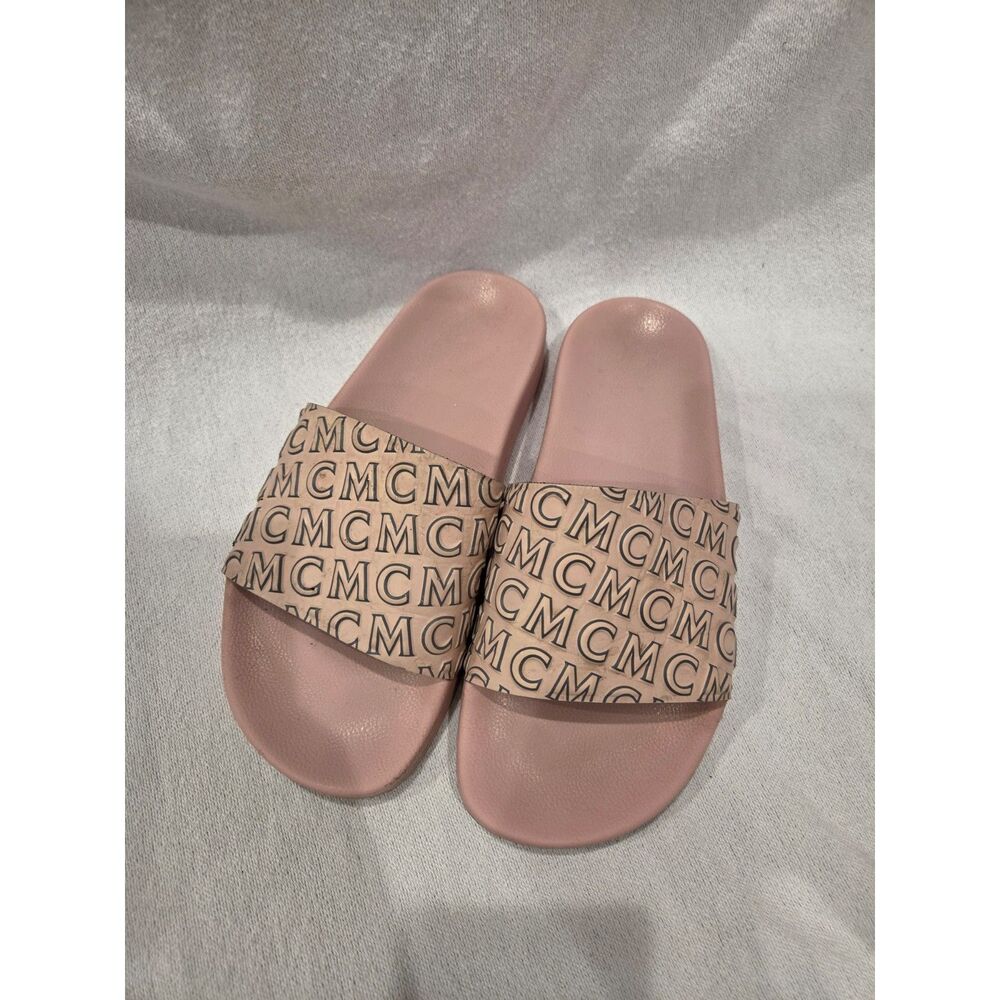 MCM Visetos Monogram Rubber Pool Slides Sandals Pink Women's Size 8 US